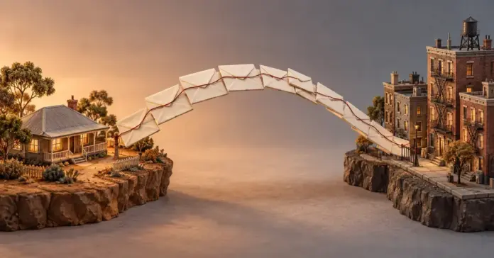 En bro av konvolutter med en rød tråd forbinder et australsk forstadshus og bygårder i New York i et håndlaget miniatyrlandskap.