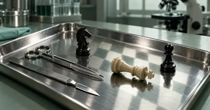 Pathology (2008): Handling, skuespillere og fakta om filmen Kirurgiske instrumenter og sjakkbrikker med en veltet hvit konge ligger på et stålbrett i et laboratorium og symboliserer den makabre leken i Pathology (2008).