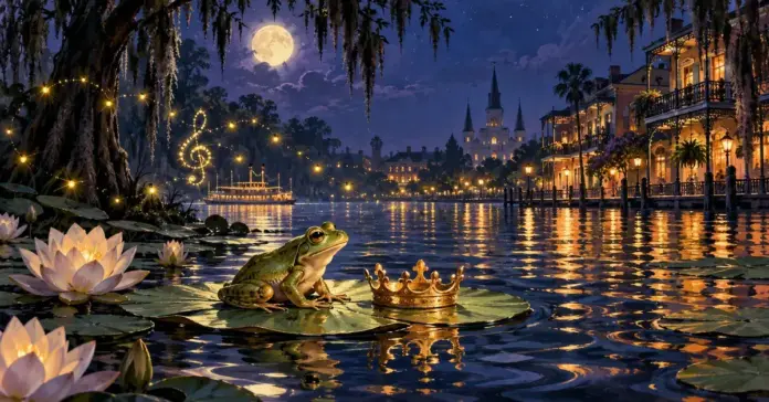 Prinsessen og frosken En grønn frosk sitter ved siden av en gyllen krone på et vannliljeblad, omgitt av ildfluer og måneskinn med opplyste bygninger i New Orleans i bakgrunnen.