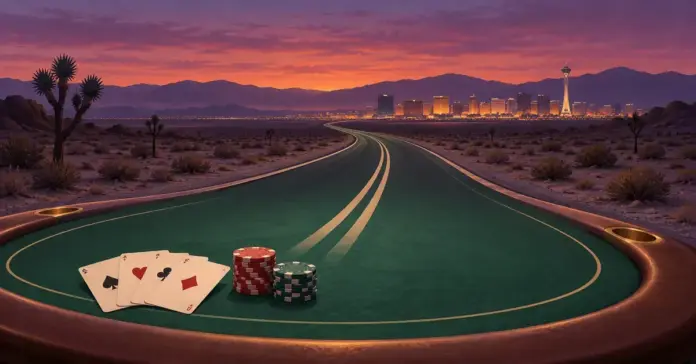 Illustrasjon av et grønt kortbord med spillkort og sjetonger som glir over i en landevei mot Las Vegas i solnedgangen.