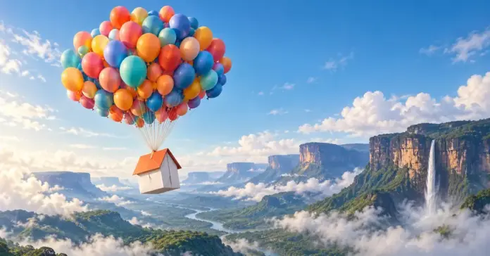 Et lite papirhus løftes av fargerike ballonger over et frodig fjellandskap med skyer og en høy foss.