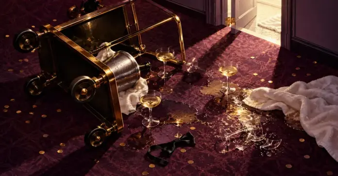 En veltet serveringsvogn, champagneglass, glasskår og en svart sløyfe ligger på et lilla hotellteppe i lyset fra en åpen baderomsdør.